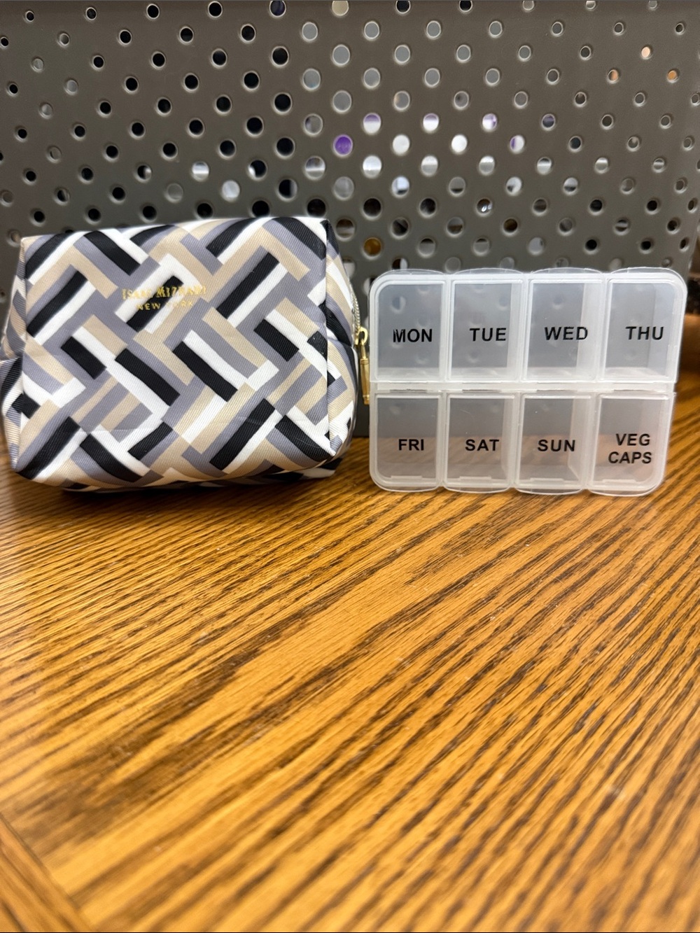 Isaac Mizrahi Black, Gray and Cream Geometric Travel Pouch with Weekly Pill Box